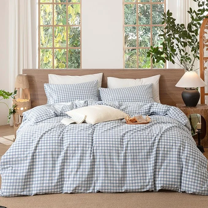 Safe MooMee Gingham Duvet Cover Set Washed Cotton Linen Like Textured Breathable Durable Soft Comfy Modern Checkered Design Classic Gingham Cornflower Blue Super King 108 quot x98 quot Verified