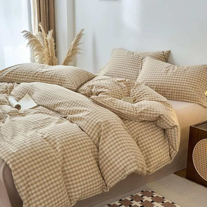 Optimized EAVD Vintage Style Brown amp Beige Plaid Duvet Cover Queen Soft Washed Cotton Chic Checkered Gingham Bedding Set with 2 Pillowcases Farmhouse Brown Gingham Duvet Cover with Zipper Closure Organic