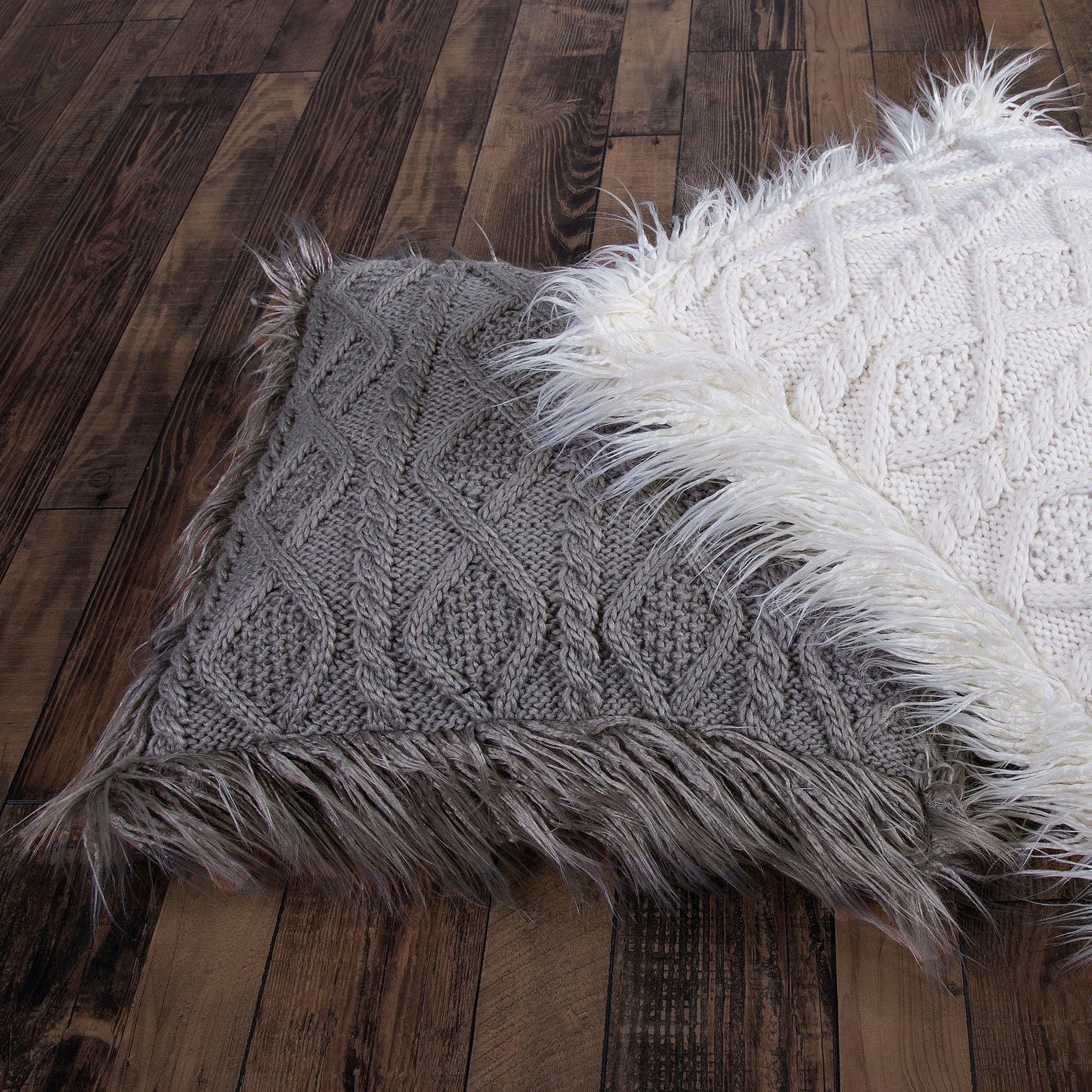 Fine Nordic Cable Knit amp Mongolian Fur Throw Pillow Solid