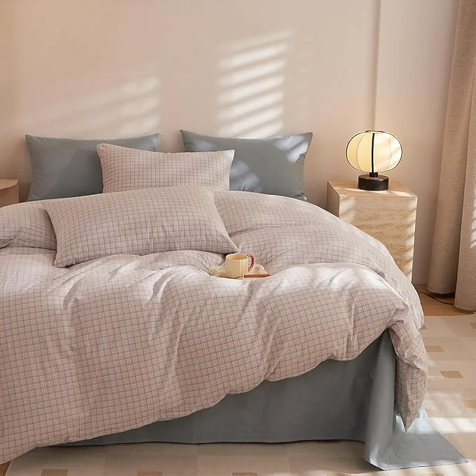 Versatile EAVD Reversible Gingham Duvet Cover Full Pink Blue Grid Plaid Bedding Set with 2 Pillowcases Modern Checkerd Grid Duvet Cover with Zipper Closure Farmhouse Gingham Bedding Set for Boys Women Men Lightweight
