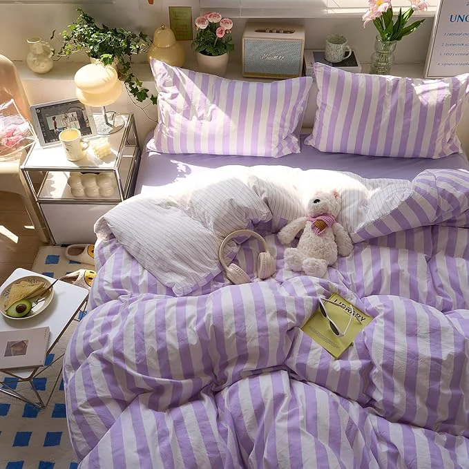 High-Quality EAVD Farmhouse Purple Striped Duvet Cover King Soft Washed Microfiber Pink White Vertical Striped Bedding Set with 2 Pillowcases Modern Geometric Pattern Duvet Cover with Zipper Closure Fast