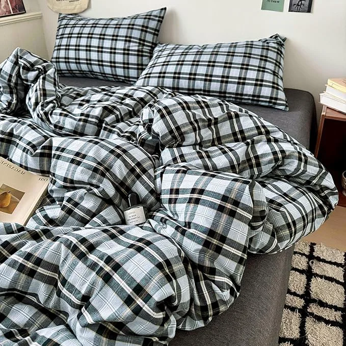 Fashionable LifeTB 3 Pieces Plaid Comforter Set Full Size Soft Fluffy Vintage Plaid Checkered Comforter with 2 Pillowcases Lightweight Breathable Grey Black Gingham Bedding Comforter Farmhouse Grid Bedding Set Practical