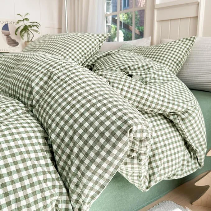 Eco-Friendly LifeTB Queen Comforter Set Green Gingham Comforter Modern Style Checkered Pattern Comforter Set Boho Grid Plaid Bedding Comforter Lightweight Fluffy Soft Grid Bedding Set Queen Size Breathable Certified