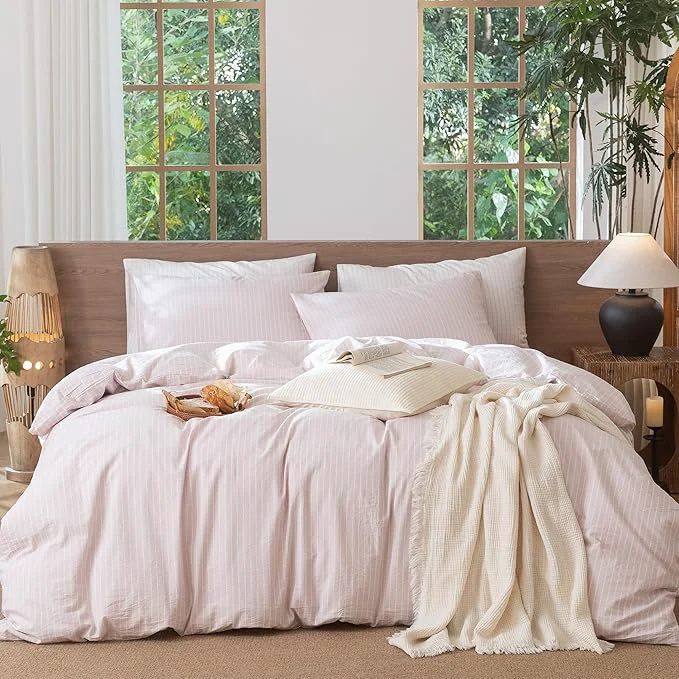Trendy MooMee Striped Duvet Cover Set Washed Cotton Linen Like Textured Breathable Durable Soft Comfy Heathered Greyish Pink White Wide Stripes Cal King 104 quot x98 quot World-Class
