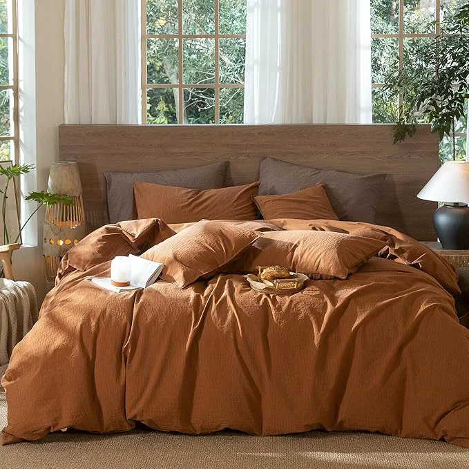 Consistent MooMee Wavy Striped Duvet Cover Set Washed Cotton Linen Like Textured Breathable Durable Soft Comfy Dark Orange Palatial King Oversized King 120 quot x98 quot Fine