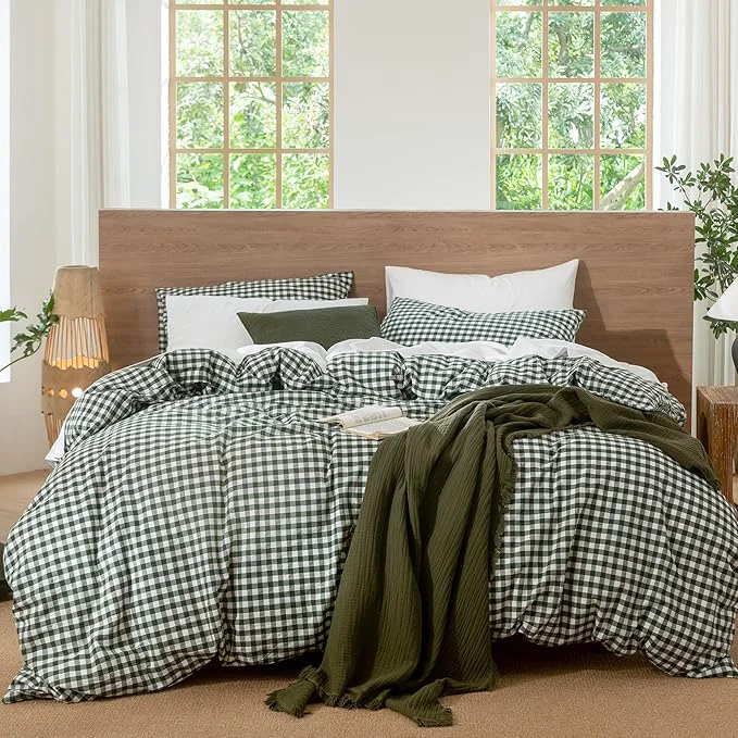 Contemporary MooMee Gingham Duvet Cover Set Washed Cotton Linen Like Textured Breathable Durable Soft Comfy Modern Checkered Design Forest Green Gingham Super King 108 quot x98 quot Sophisticated