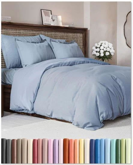 Classic Duvet Cover Full Size Set – Extra Soft Full Duvet Cover 80 quot x 90 quot with 2 Pillow Shams – Hotel Luxury Easy Care amp Fade with Zipper Closures amp Ties – Comfy Cozy and Breathable Heathered Blue Enhanced