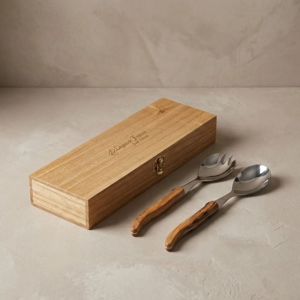 Relaxed Laguiole Salad Serving Set Olivewood in wooden box Premium Material