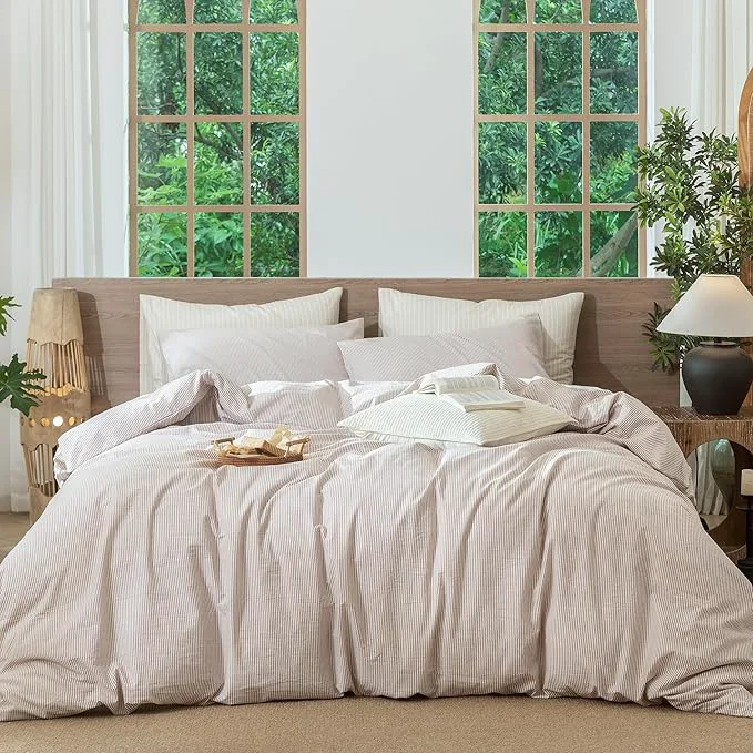 Efficient MooMee Striped Duvet Cover Set Washed Cotton Linen Like Textured Breathable Durable Soft Comfy Orange Pinstripes Full 80 quot x90 quot Traditional