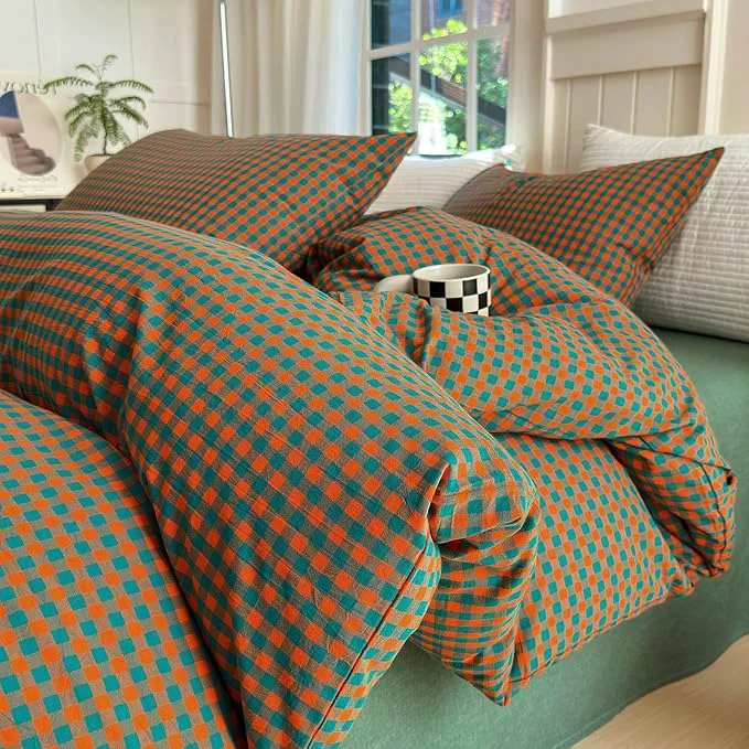 High-Grade LifeTB Twin XL Comforter Set Orange Green Gingham Comforter with 2 Pillowcases Modern Style Grid Plaid Comforter Set Fluffy Soft Lightweight Gingham Bedding Set Fluffy Checkered Comforter Twin XL