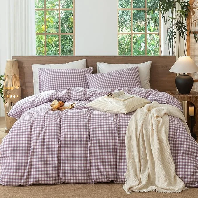 Premium Material MooMee Gingham Duvet Cover Set Washed Cotton Linen Like Textured Breathable Durable Soft Comfy Modern Checkered Design Classic Gingham Light Purple Full 80 quot x90 quot Top-Quality