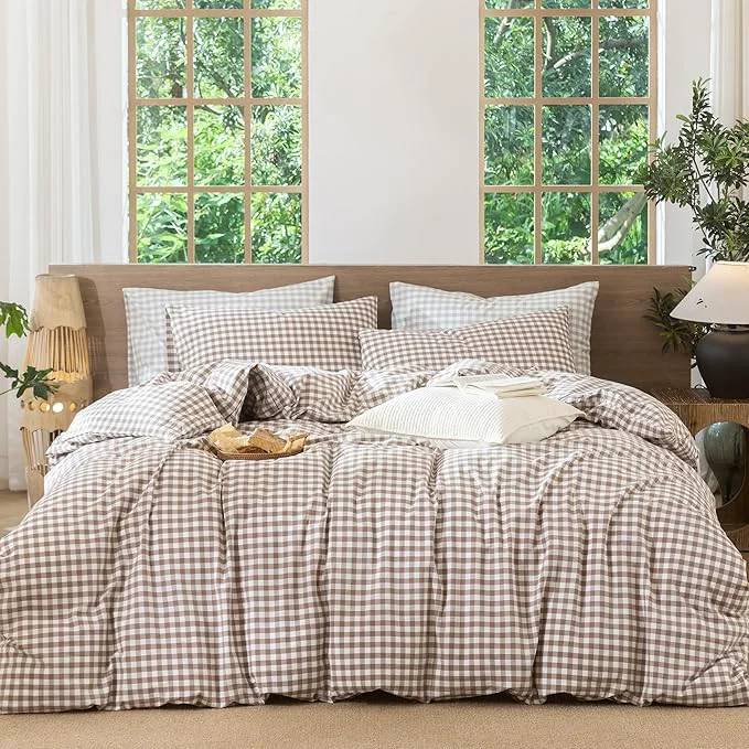 Secure MooMee Gingham Duvet Cover Set Washed Cotton Linen Like Textured Breathable Durable Soft Comfy Modern Checkered Design Brown Gingham King 104 quot x90 quot Authentic