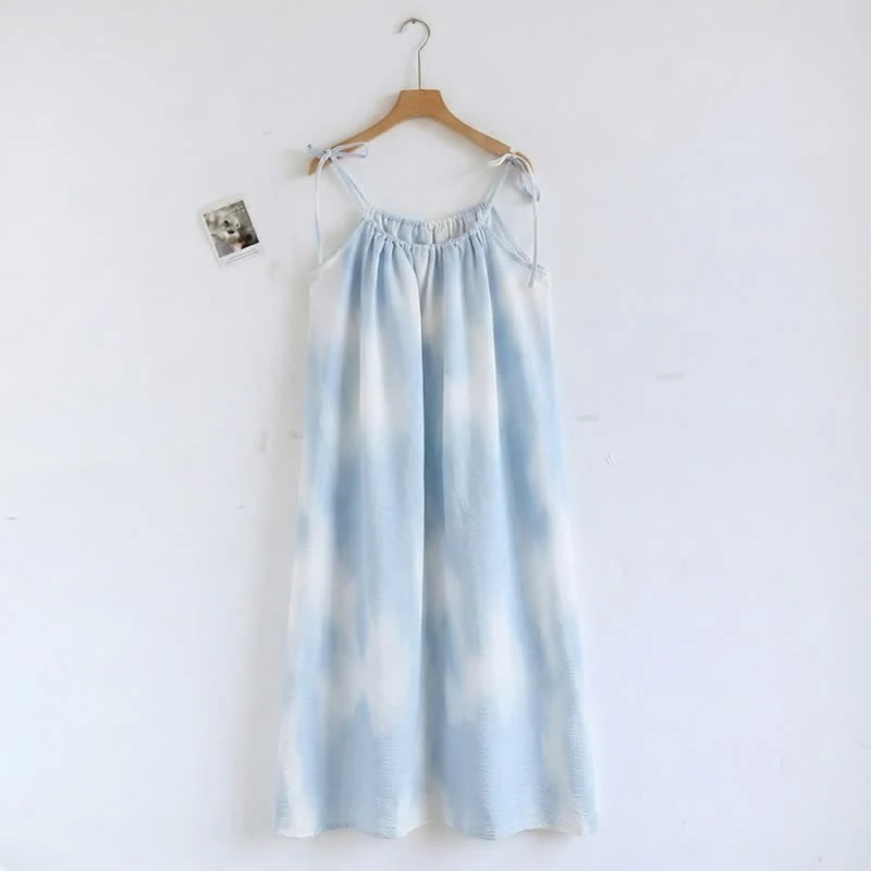 High-Grade Ownkoti Artistic Blue Cotton Tie Strap Nightgown Environmentally Friendly