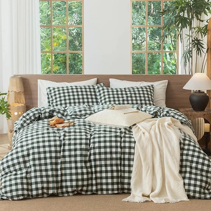 Fast MooMee Gingham Duvet Cover Set Washed Cotton Linen Like Textured Breathable Durable Soft Comfy Modern Checkered Design Buffalo Plaid Forest Green Cal King 104 quot x98 quot Innovative