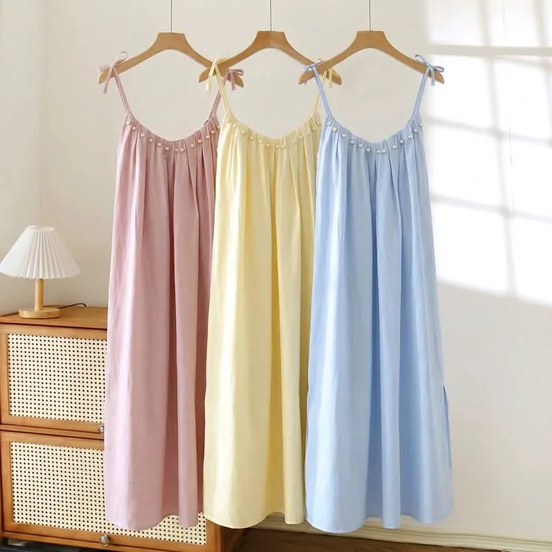 Clean Ownkoti Solid Color Cotton Sleeveless Tie Strap Nightgown Efficient