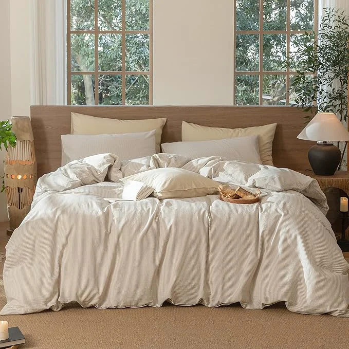 Superior MooMee Striped Duvet Cover Set Washed Cotton Linen Like Textured Breathable Durable Soft Comfy Tannish Linen Grey White Pinstripes Oversized King Plus 128 quot x120 quot Pure