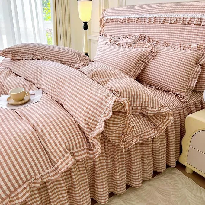 Elegant LifeTB Queen Comforter Set Pink Gingham Comforter Vintage Ruffle Blush Plaid Comforter Set 3 Pieces Checkered Grid Bed Comforter with 2 Pillowcases Fluffy Soft Gingham Bedding Set Queen Size Efficient