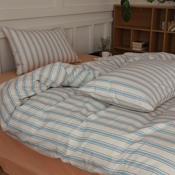 Sustainable LifeTB Striped Comforter Set Queen Size Fluffy Soft Blue Brown Stripes Pattern Printed Bedding Set 3 Pieces Lightweight Bedding Comforter Set Breathable Striped Bed Comforter with 2 Pillowcases Certified