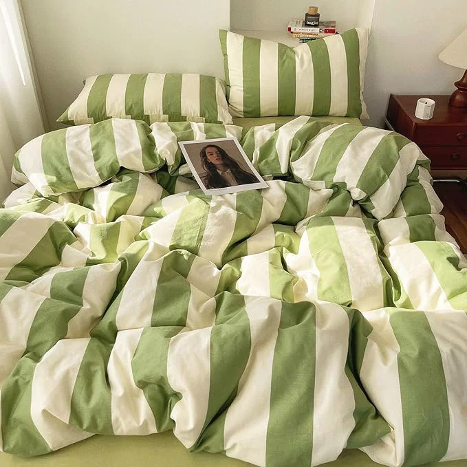 Classic LifeTB Striped Comforter Set Queen Green White Stripes Pattern Printed Comforter 3 Pieces Lightweight Bedding Comforter with 2 Pillowcases Breathable Soft Comfy Farmhouse Striped Comforter Set Functional