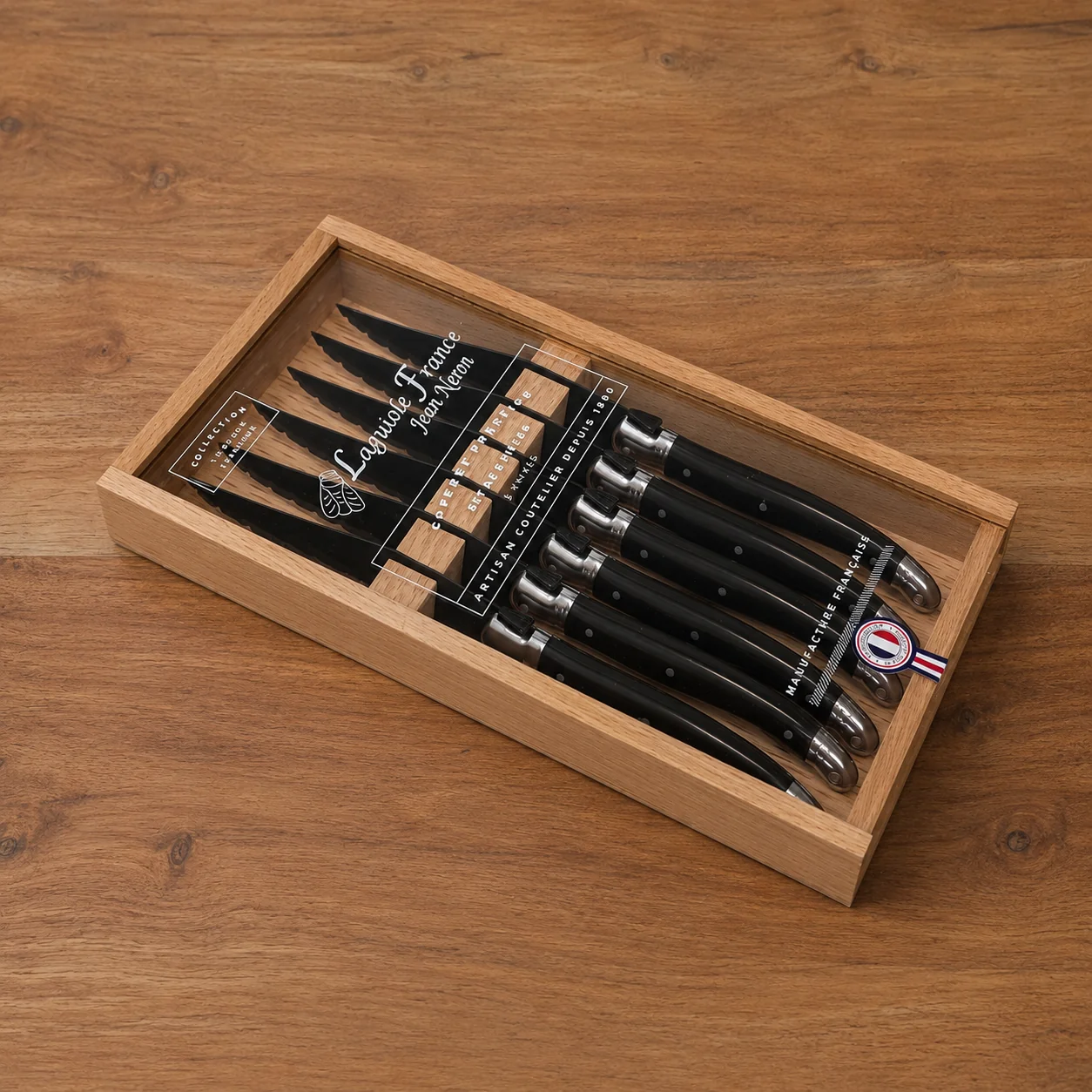 Comfortable Laguiole 6 Piece Steak Knife Set Black Blade amp Black Handle in Wood Box with Acrylic Lid Enhanced