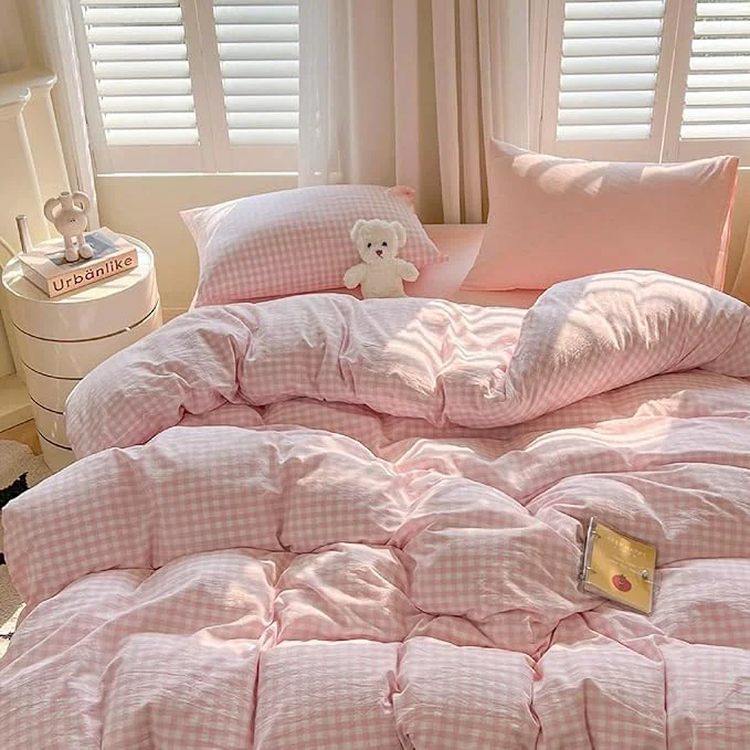 Fine Crafted LifeTB Pink Gingham Comforter Set Twin XL Aesthetic Pink White Plaid Checkered Comforter Set 3 Pieces Grid Bedding Comforter with 2 Pillowcases Soft Lightweight Gingham Bedding Set Twin XL High-Performance