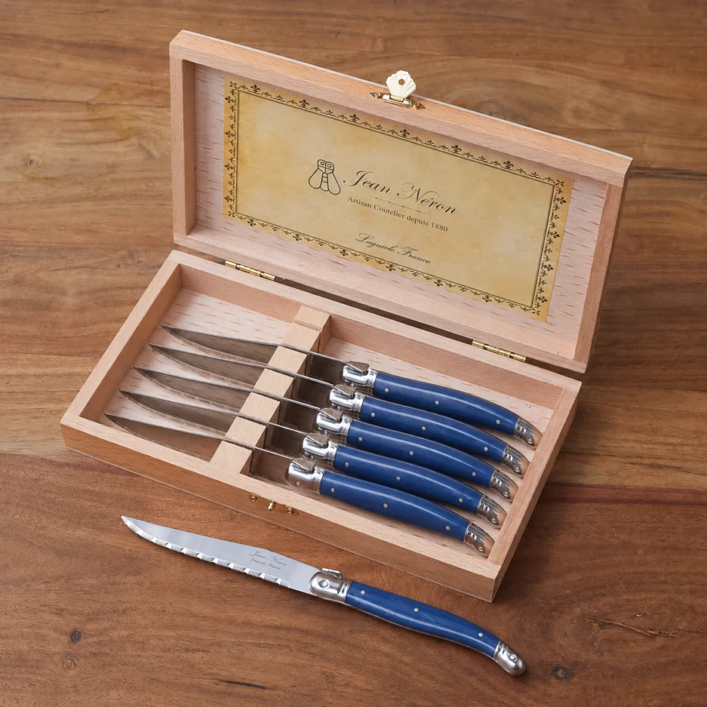 Recyclable Laguiole 6 Piece Steak Knife Set French Blue in Wood Presentation Box First-Class