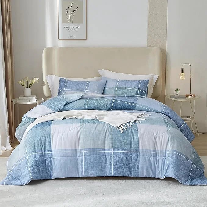 Professional LifeTB Queen Comforter Set Modern Style Checkered Pattern Comforter for Men Boys Blue Plaid Printed Geometric Comforter with 2 Pillow Shams Fluffy Boho Grid Checkered Comforter Set Queen Size Responsible