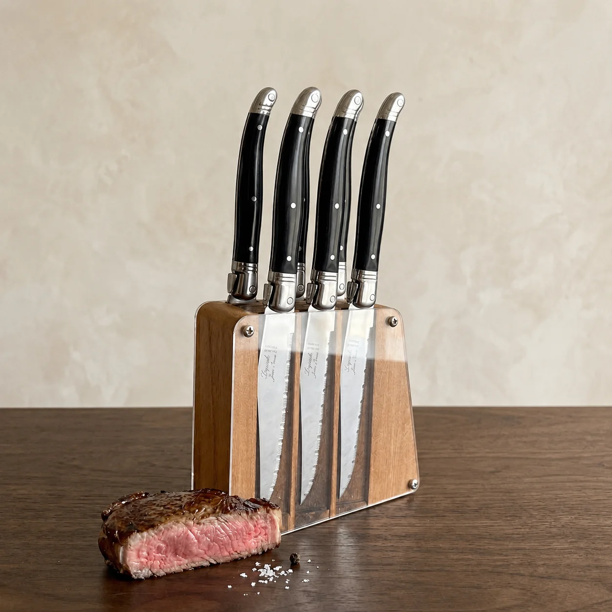 Premium Material Laguiole 6 Piece Steak Knife Set Black in Acrylic Block Proven