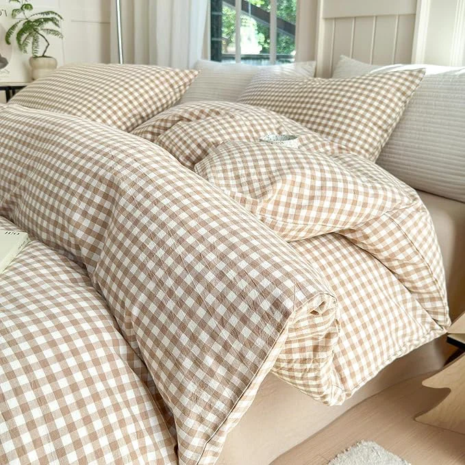 High-Quality LifeTB Tan Gingham Comforter Set King Modern Style Beige Plaid Comforter Set 3 Pieces Soft Fluffy Grid Checkered Pattern Comforter with 2 Pillowcases Farmhouse Gingham Plaid Bedding Set King Solid