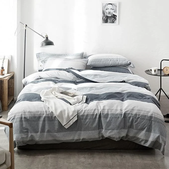 Practical LifeTB Striped Comforter Set King Size Blue Grey Stripes Pattern Printed Bedding Set 3 Pieces Lightweight Bedding Comforter Set Stripe Soft Fluffy Bed Set King Comforter with 2 Pillowcases Recyclable