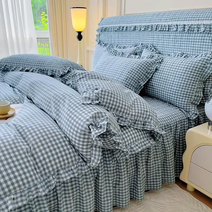 Detailed LifeTB Queen Comforter Set Blue Gingham Comforter Vintage Ruffle Plaid Checkered Pattern Comforter Set Queen Fluffy Soft Gingham Bedding Set Farmhouse Plaid Grid Bed Comforter with 2 Pillowcases Eco-Friendly