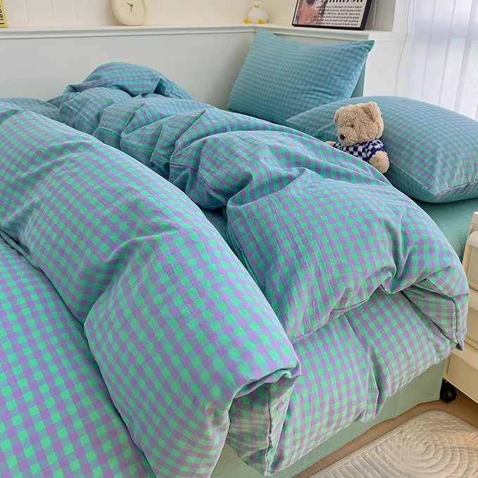 Elegant LifeTB Green Gingham Comforter Set King Modern Style Checkered Pattern Comforter Set Fluffy 3 Pieces Green Purple Grid Bed Comforter with 2 Pillowcases Lightweight Gingham Plaid Bedding Set King Easy-to-Use