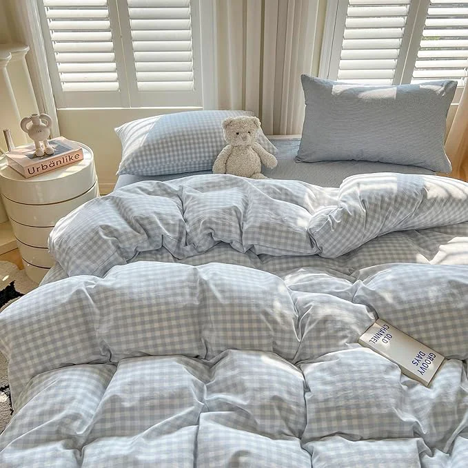 Enhanced LifeTB Blue Gingham Comforter Set Queen Size Modern Style Plaid Checkered Comforter with 2 Pillowcases Fluffy Soft Grid Bedding Set Farmhouse Gingham Bedding Comforter Set for All Seasons Premium