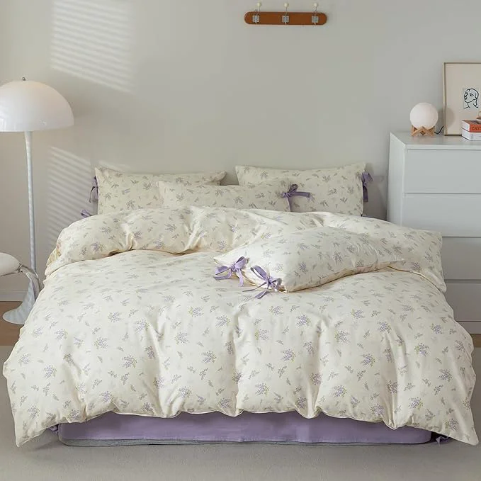 Consistent VM VOUGEMARKET Cotton Duvet Cover Set Queen 3 Pieces Purple Floral Bedding Set Girls Lavender Flower Duvet Cover with Zipper Closure-Queen 90×90 Inch Top-Quality