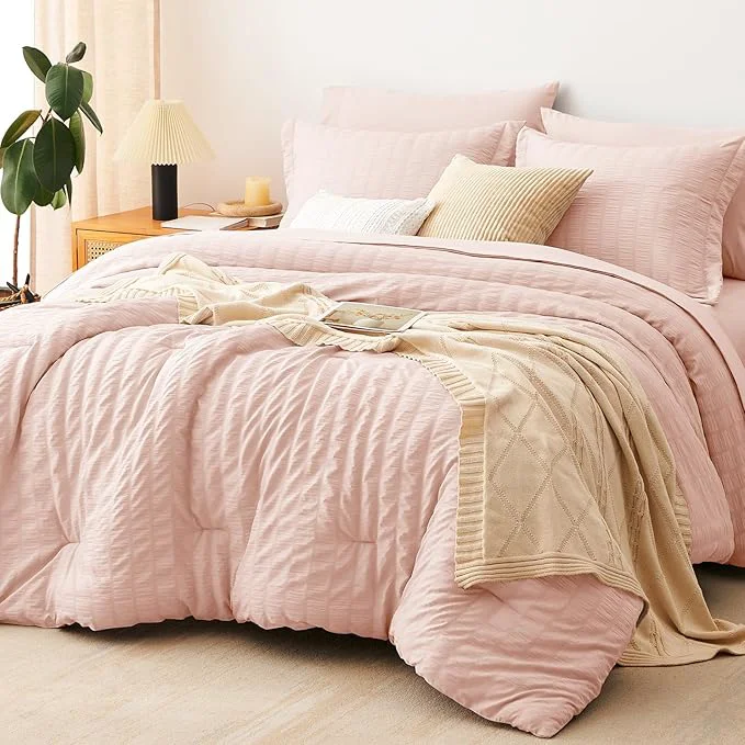 Versatile CozyLux King Size Comforter Set Blush Pink Seersucker 7 Pieces Bed in a Bag King Comforter Set with Sheets Luxury Soft Bedding Sets with Down Comforter Sheets Pillowcases amp Shams Refined