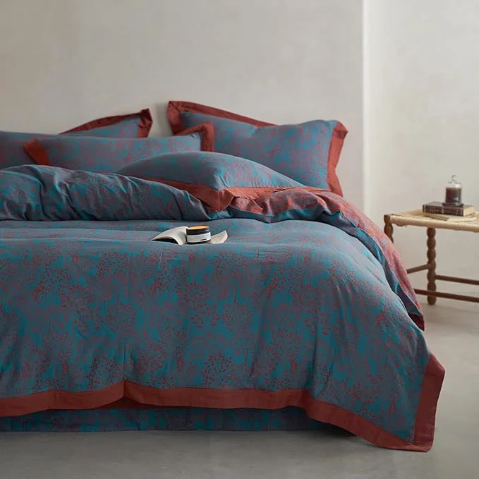Easy-to-Use VM VOUGEMARKET Blue Red Duvet Cover Queen 3 Pieces Retro Jacquard Forest Theme Tree Leaves Bedding Set Linen Cotton Yarn-Dyed Textured Duvet Cover with Zipper Closure Trusted