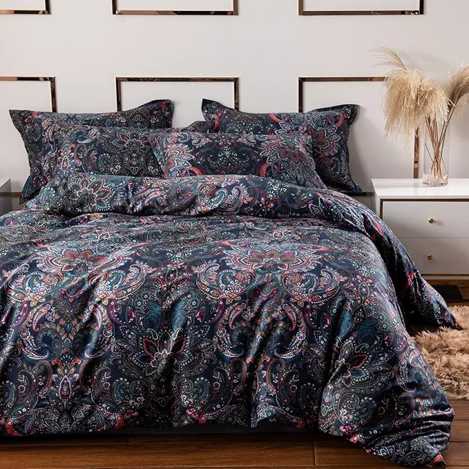 Responsible VM VOUGEMARKET Retro Paisley Duvet Cover Queen Size Boho Damask Duvet Cover Sets Brushed Cotton Bedding Set 1 Duvet Cover and 2 Pillow Shams for All Seasons-Stormy Blue Superior