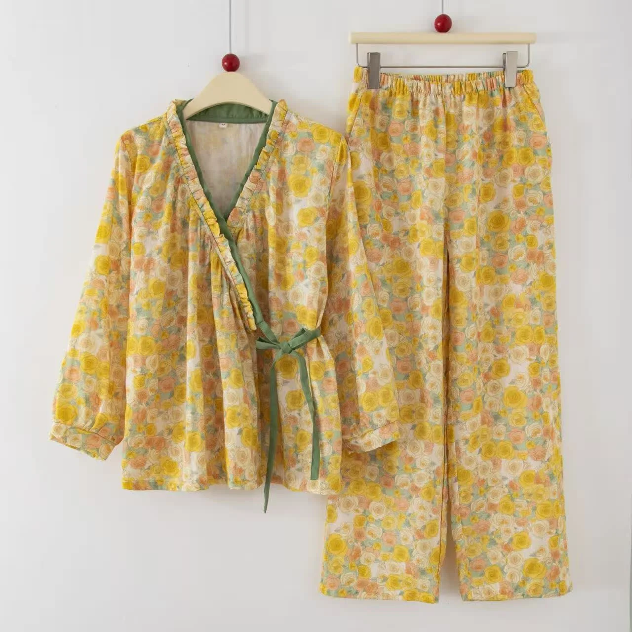 Minimalist Ownkoti Yellow Floral Cotton Ruffle Wrap Loungewear Set Responsible