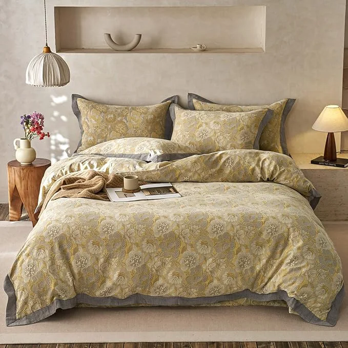 Traditional VM VOUGEMARKET Jacquard Floral Duvet Cover Set King Yarn-Dyed Cotton Yellow Gold Flower Duvet Cover Bordered Vintage Garden Style Bedding Set King World-Class