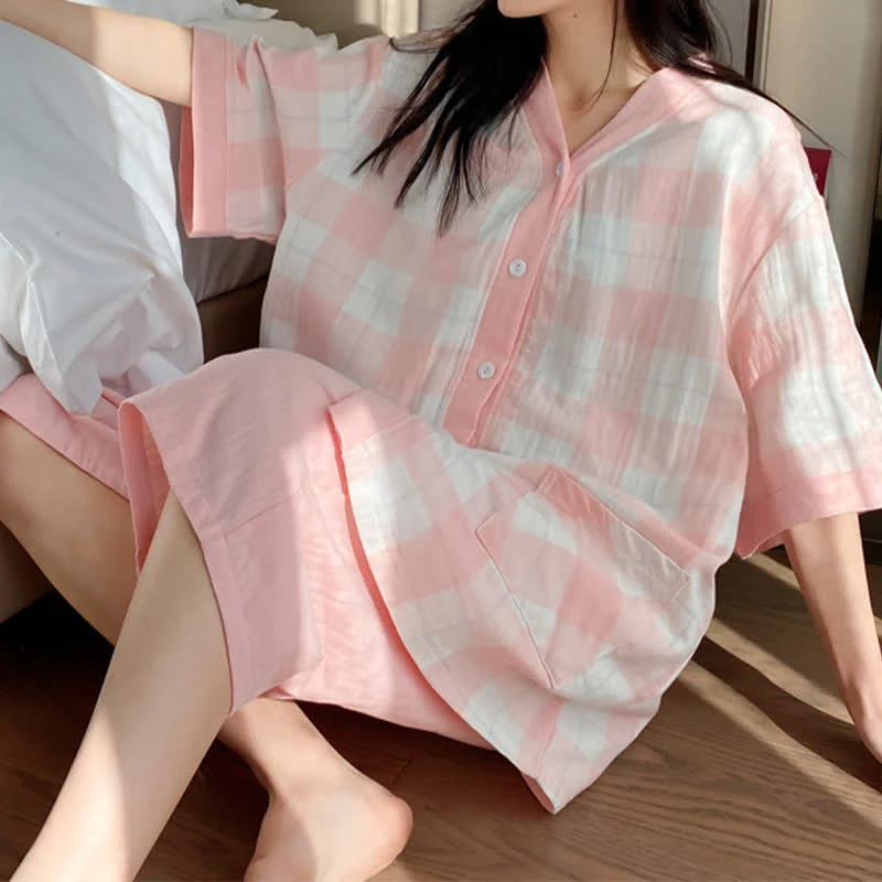 Green Ownkoti Plaid Cotton Gauze Button-Front Pajama Set Lightweight