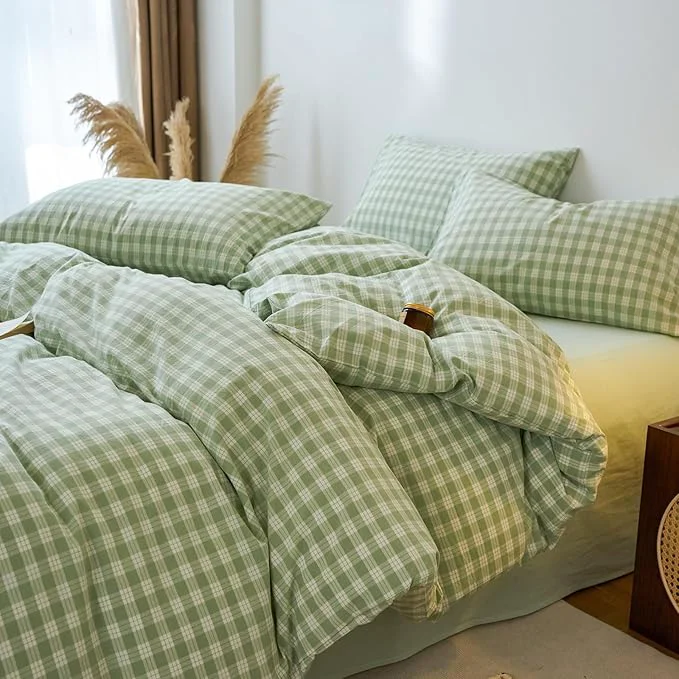 Certified EAVD Vintage Style Green amp White Plaid Gingham Duvet Cover Queen Soft Washed Cotton Fresh Grid Checkered Gingham Bedding Set with 2 Pillowcases Farmhouse Green Plaid Duvet Cover with Zipper Closure Clean