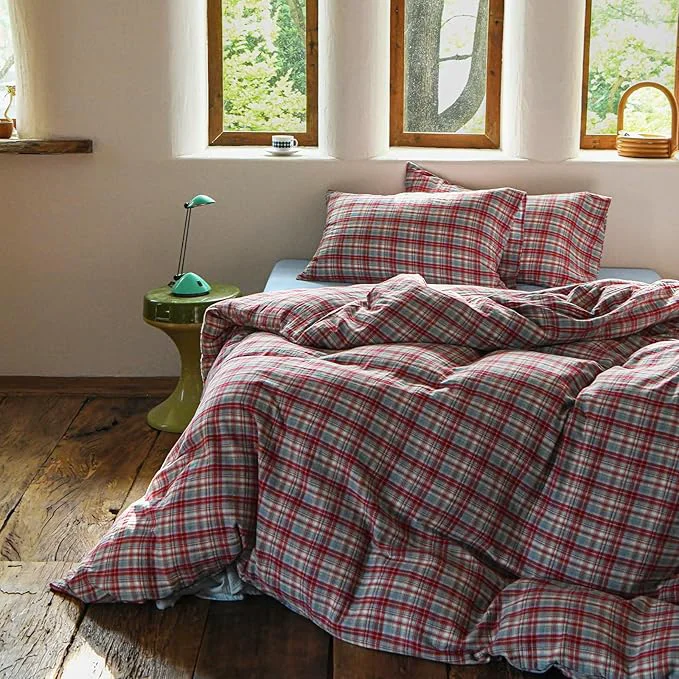 Classic EAVD Vintage Style Red amp Blue Gingham Duvet Cover Full Soft Cotton Muslin Yarn-Dyed Textured Retro Grid Plaid Bedding Set Reversible British-Style Gingham Bedding Set with Zipper Closure Trendy
