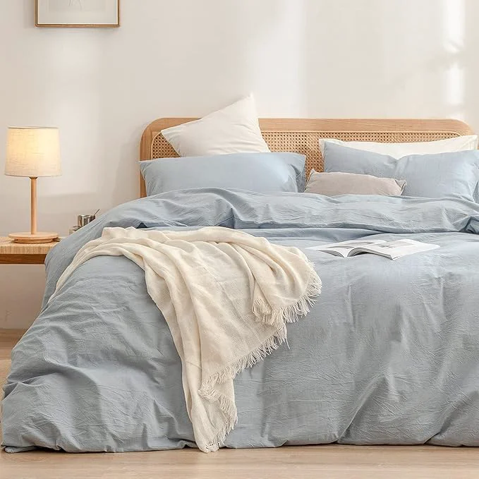 Unique OUCH Duvet Cover Set Washed Cotton Linen Feel Super Soft Comfortable Chic Lightweight 3 PCs Home Bedding Set Solid Cornflower Blue Super King Clean