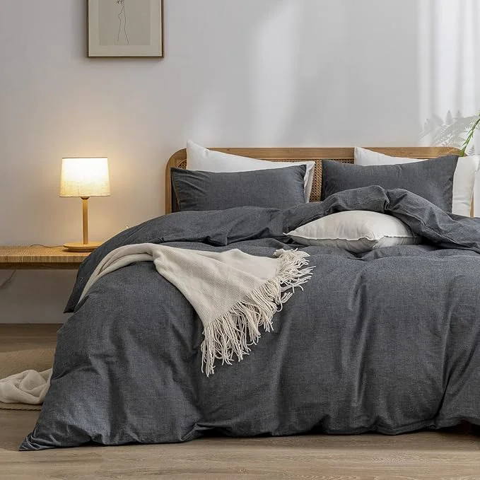 Dependable OUCH Duvet Cover Set Washed Cotton Linen Feel Super Soft Comfortable Chic Lightweight 3 PCs Home Bedding Set Solid Dark Black King Exclusive