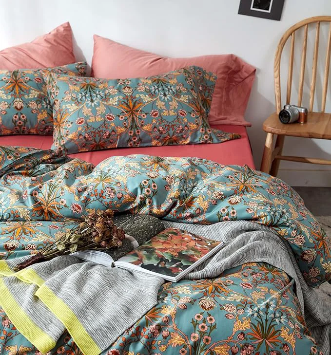 Consistent VM VOUGEMARKET Green Flower Duvet Cover Set Twin Aesthetic Boho Bedding Set Percale Cotton Royal Floral Comforter Cover with Zipper Closure Unique