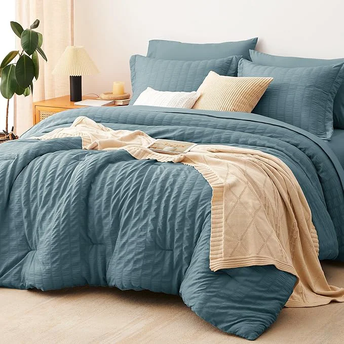 Lightweight CozyLux Full Size Comforter Sets with Sheets 7 Pieces Mineral Blue Seersucker Bed in a Bag Textured Luxury Soft Bedding Set with Down Comforter Sheets Pillowcases amp Shams All Seasons Responsible