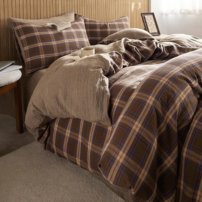 EAVD Vintage Style Brown amp Blue Plaid Duvet Cover Full Soft Muslin Cotton Brown Green Blue Grid Checkered Plaid Bedding Set with 2 Pillowcases Reversible Gingham Duvet Cover with Zipper Fine Crafted