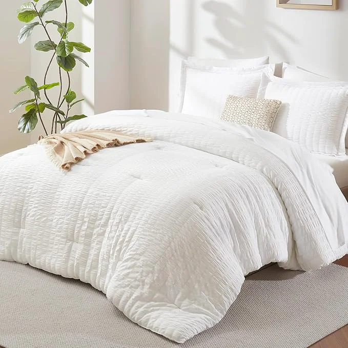 Contemporary CozyLux Queen Comforter Set White Seersucker 7 Pieces Bed in a Bag Queen Comforter Set with Sheets Luxury Soft Bedding Set with Down Comforter Sheets Pillowcases amp Shams for All Seasons Versatile