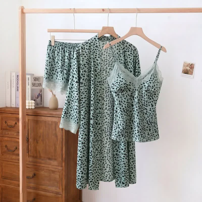 Carefully Designed Ownkoti Leopard Lace Trim Cami Shorts Robe Set Selected