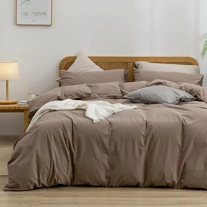 Reusable OUCH Duvet Cover Set Washed Cotton Linen Feel Super Soft Comfortable Chic Lightweight 3 PCs Home Bedding Set Solid Pine Bark Brown Alaska King Refined